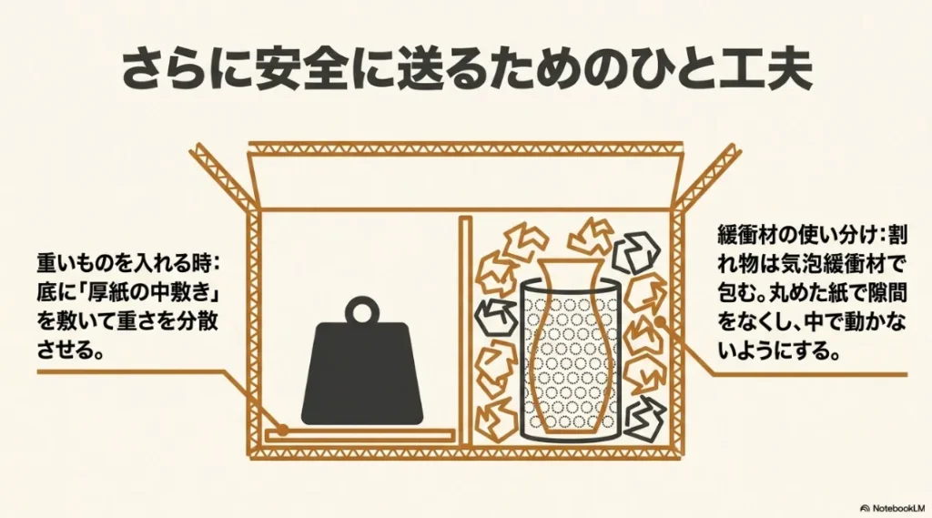 底に厚紙を敷いて重さを分散させ、緩衝材で荷物が動かないように固定するコツ