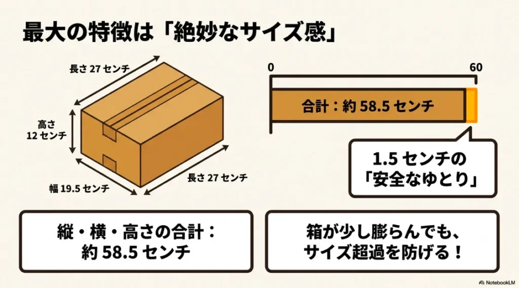 長さ27cm、幅19.5cm、高さ12cm、合計約58.5cm。1.5cmの余裕でサイズ超過を防止