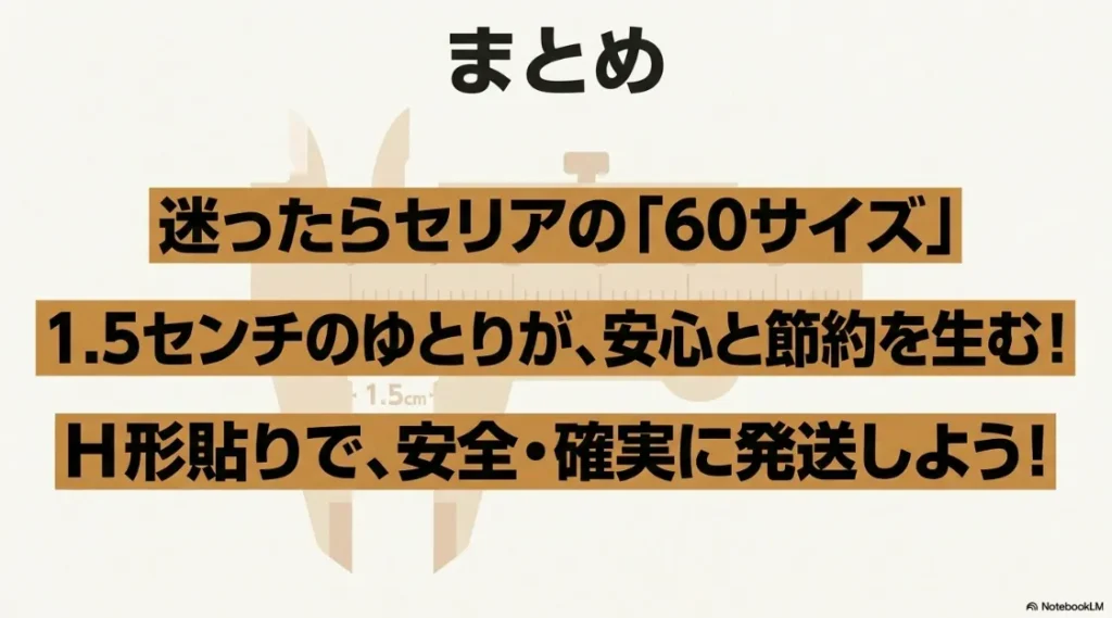 セリアの60サイズ箱は1.5cmのゆとりが安心。H形貼りで確実に発送しよう