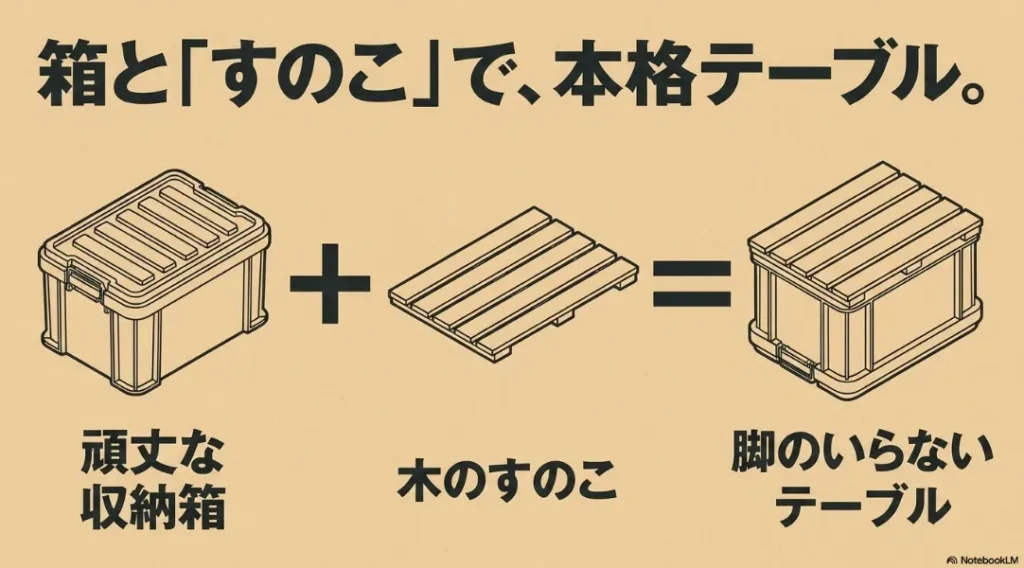 頑丈な収納箱に木のすのこを組み合わせて脚のいらない本格テーブルを作るDIYアレンジを説明したスライド画像