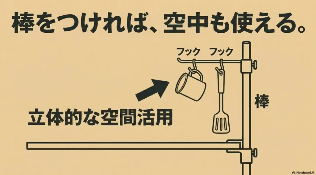 ミニテーブルに棒を取り付け、フックでマグカップや調理器具を吊るして空中スペースを立体的に活用するハックを紹介するスライド画像