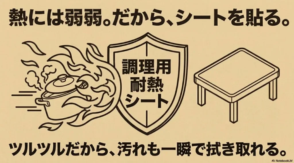 熱に弱いミニテーブルに調理用耐熱シートを貼って対策するアイデアと、ツルツルで汚れが一瞬で拭き取れるメリットを解説したスライド画像
