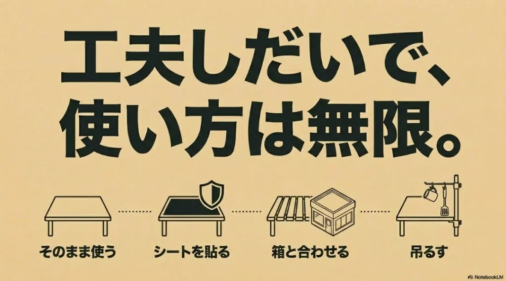 そのまま使う、シートを貼る、箱と合わせる、吊るすという、セリアのミニテーブルの活用プロセスと無限の使い方をまとめたスライド画像
