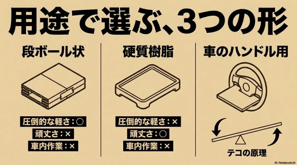 段ボール状、硬質樹脂、車のハンドル用という3つの形状における、軽さ・頑丈さ・車内作業の適性を比較したスライド画像