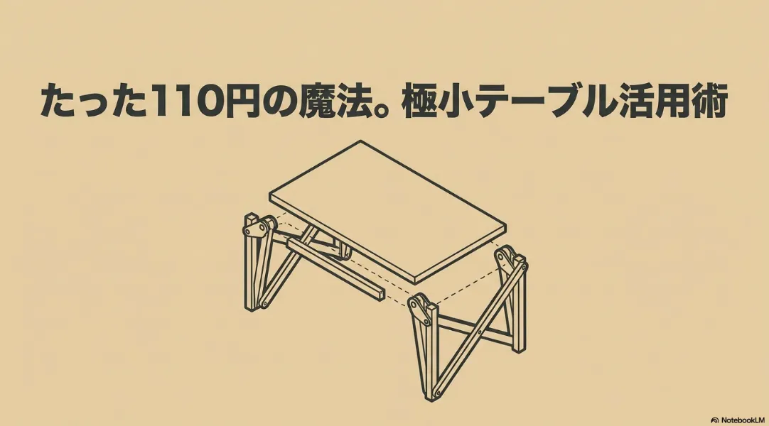 セリアの110円ミニテーブルの組み立て構造と極小テーブル活用術を提示するスライド画像