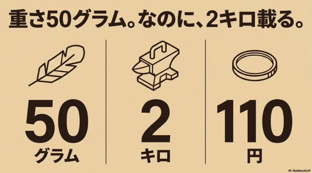 セリアのプラダン製ミニテーブルのスペック（重さ50グラム、耐荷重2キログラム）を解説するスライド画像