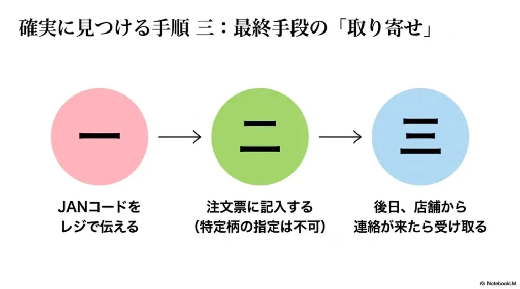店頭でJANコードを伝え注文票に記入し、後日連絡を受けて店舗で受け取るまでの取り寄せステップ