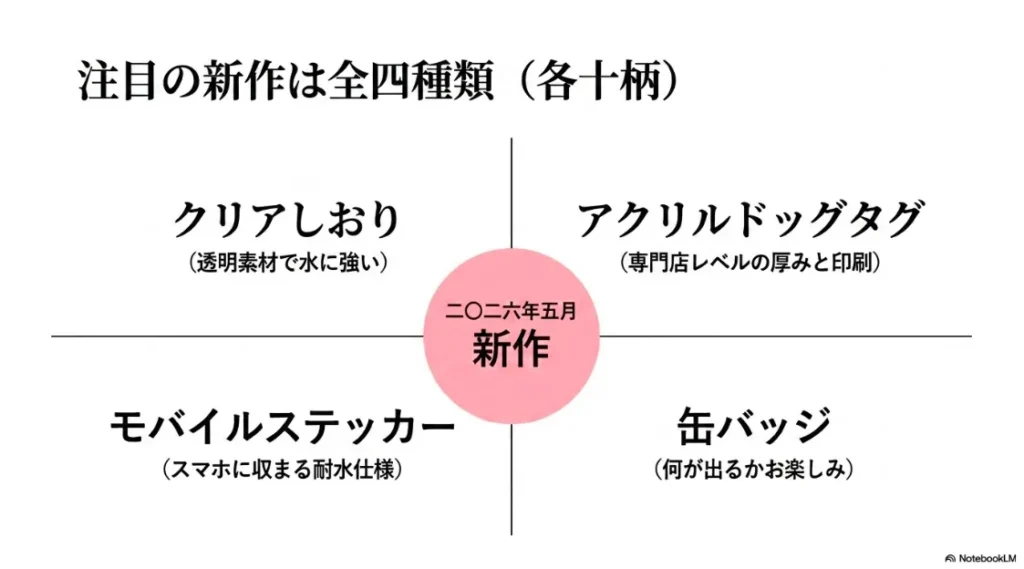 2026年5月登場のクリアしおり、モバイルステッカー、アクリルドッグタグ、缶バッジの全4種類（各10柄）の紹介