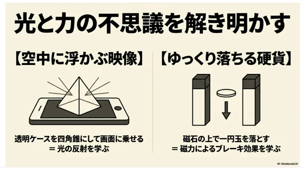 スマホホログラムと磁石の実験の図解
