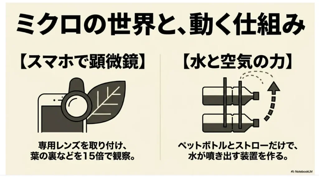 スマホ顕微鏡とペットボトル噴水の装置図
