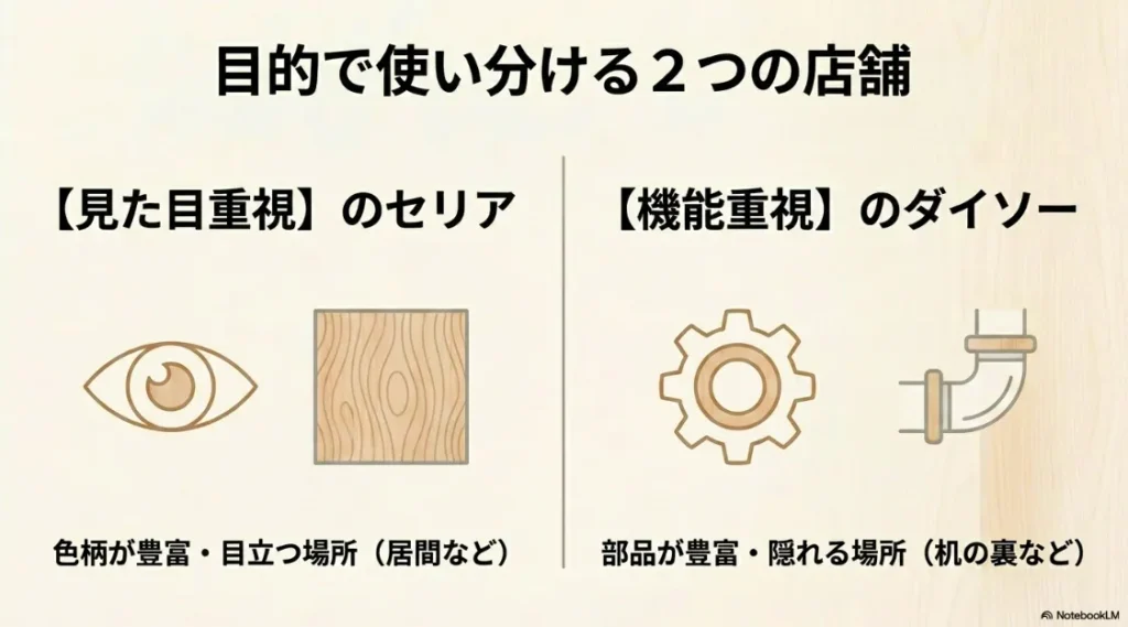 見た目重視のセリアと機能重視のダイソー、それぞれの特徴と使い分けの比較表