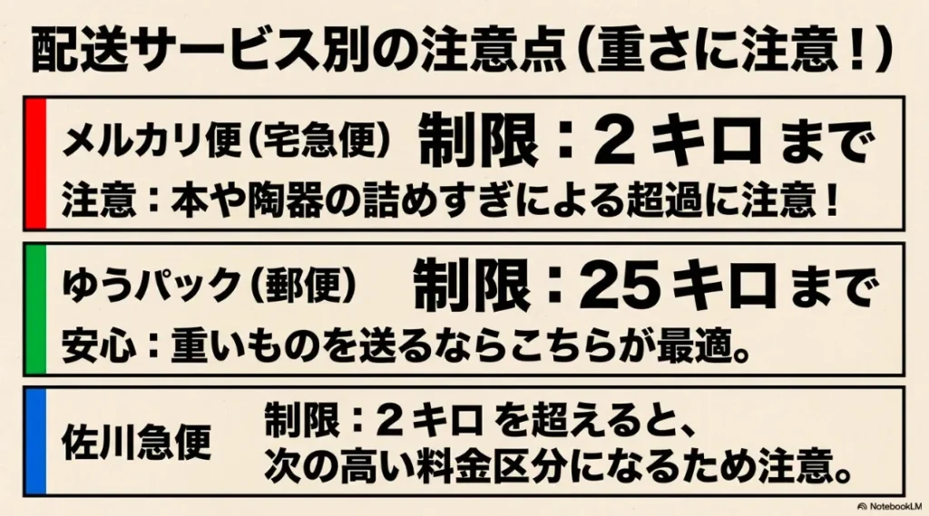 メルカリ便は2kgまで。重い荷物は25kgまで対応のゆうパックが最適