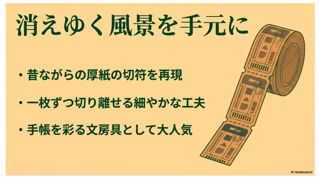 昔ながらの厚紙の切符を再現し、一枚ずつ切り離せる細やかな工夫が施された手帳デコ用マスキングテープの解説スライド画像