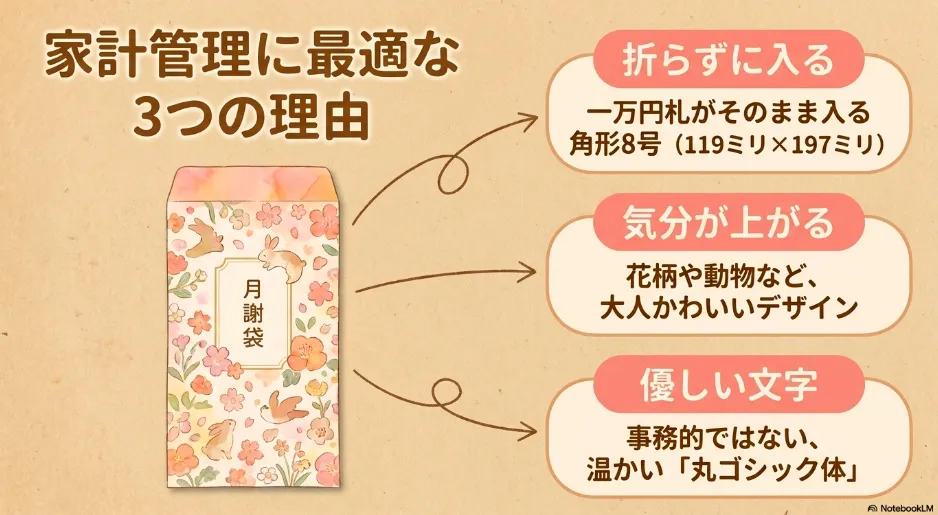 セリアの月謝袋が家計管理に最適な3つの理由。一万円札が折らずに入る角形8号サイズ、気分が上がるかわいいデザイン、優しい丸ゴシック体の解説