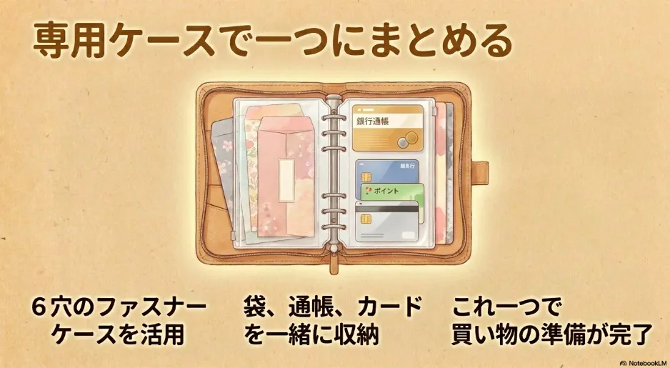 6穴のファスナーケースを活用し、月謝袋、銀行通帳、ポイントカードなどを一緒に収納して家計を一元管理する方法