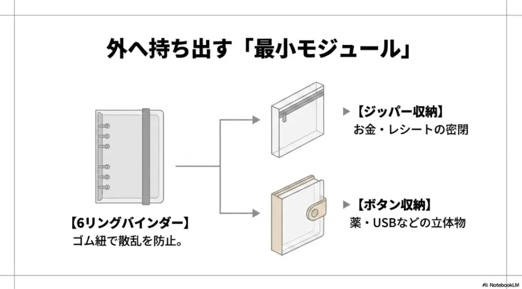 6リングバインダーにジッパー収納やボタン収納を組み合わせた持ち出し用モジュール