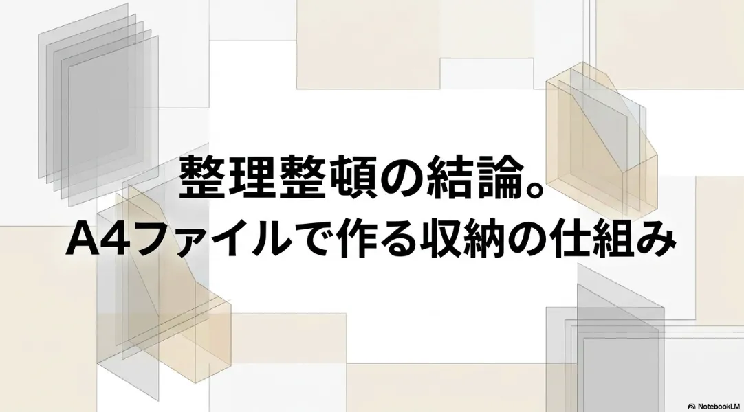 A4ファイルで作る収納の仕組みを示すタイトルスライド