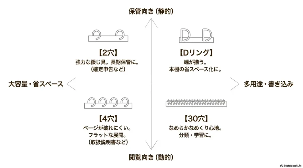 2穴、Dリング、4穴、30穴バインダーの保管向き・閲覧向きの比較表