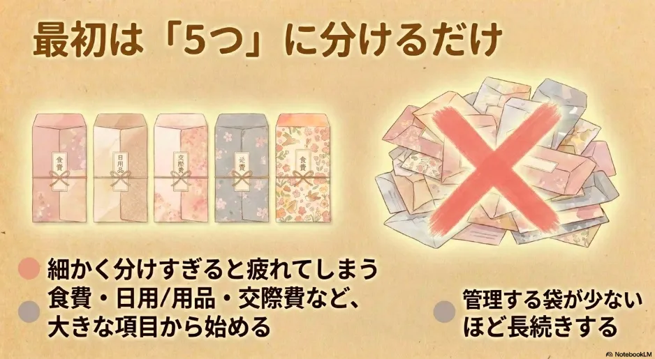 袋分け管理のコツ。項目を細かく分けすぎず、食費・日用品・交際費など5つの大きな項目から始めることで長続きすることを示す解説