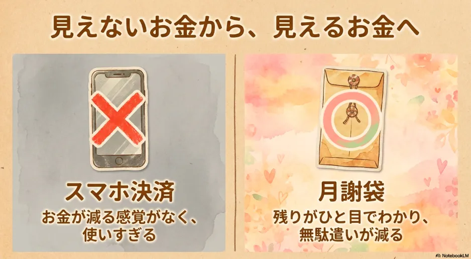 スマホ決済と月謝袋の比較。スマホ決済は使いすぎる傾向があるが、月謝袋は残高がひと目でわかり無駄遣いが減ることを示す図解