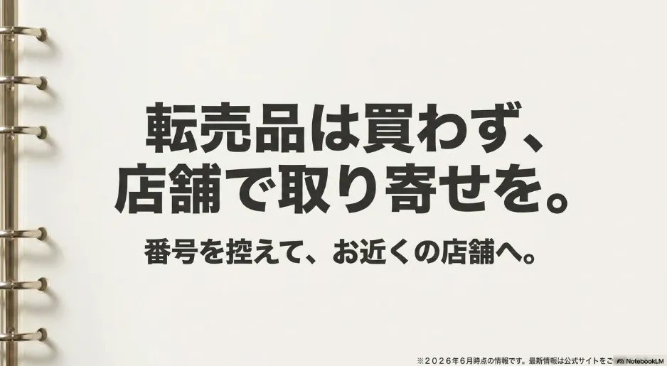 転売品を避け、公式ルートでの取り寄せを推奨する注意書きのスライド