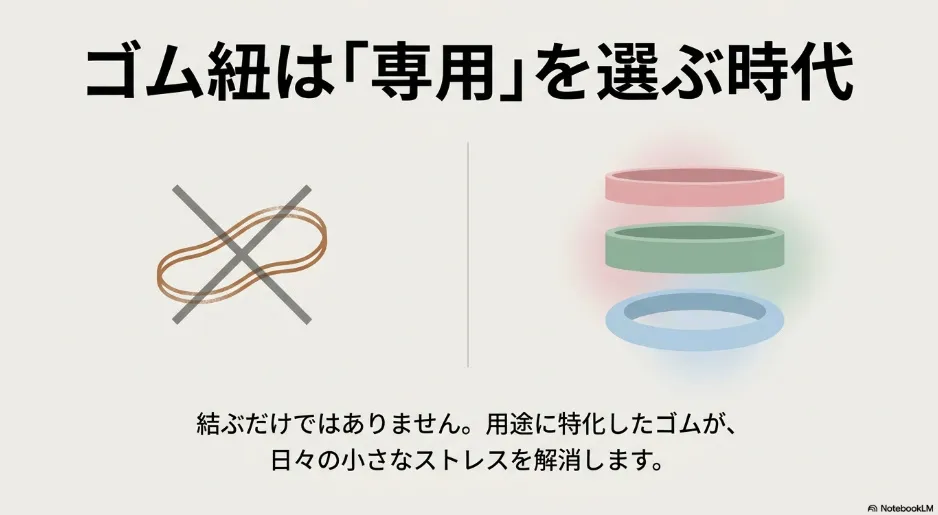 バツ印がついた一般的な輪ゴムのイラスト。用途に特化した専用ゴムを選ぶ重要性を表しています。