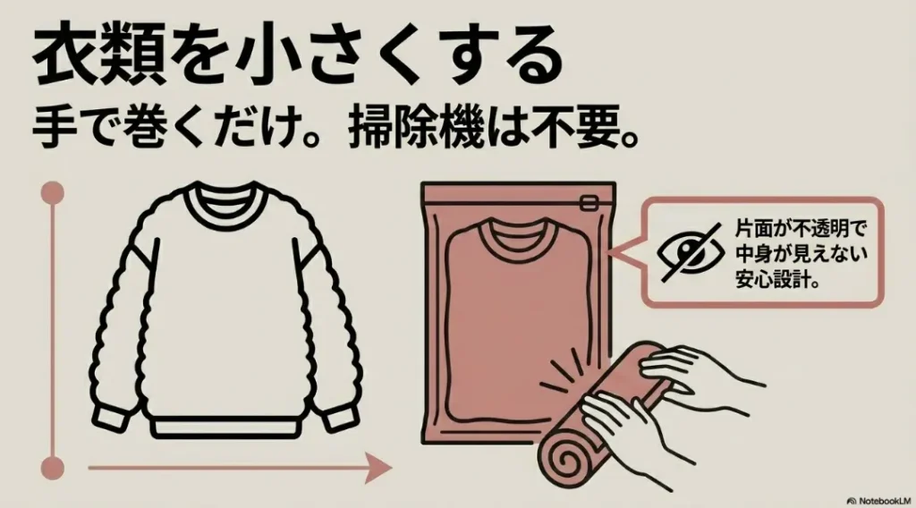 手で巻くだけで掃除機不要の片面不透明な衣類圧縮袋の使い方