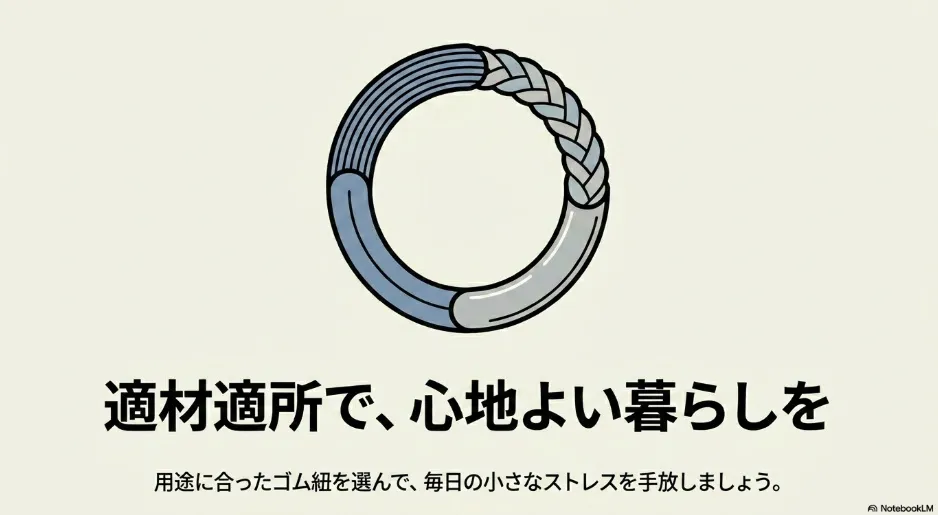 用途に合ったゴム紐を選んで快適な暮らしを提案するイラスト