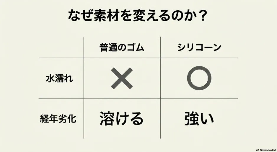普通のゴムとシリコーンの水濡れと経年劣化に対する強さを比較した表