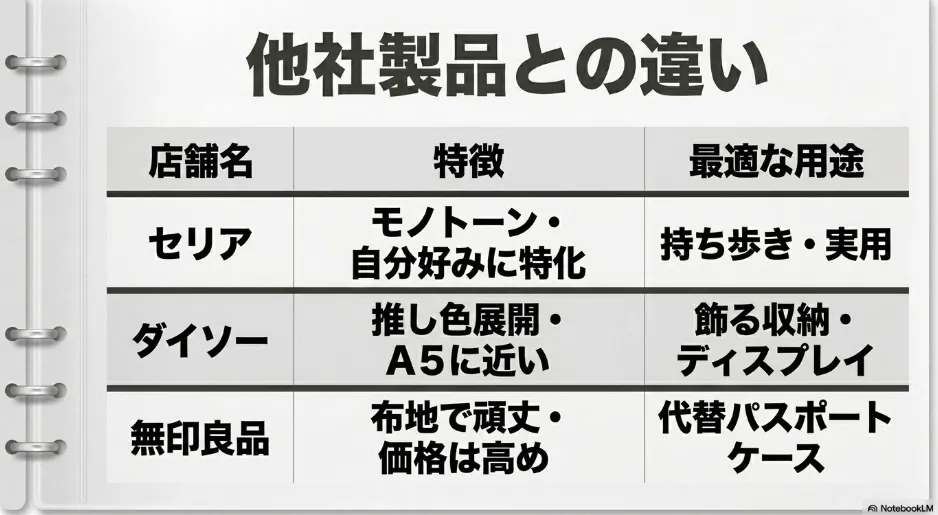 各社のケースの特徴と最適な用途をまとめた比較表スライド