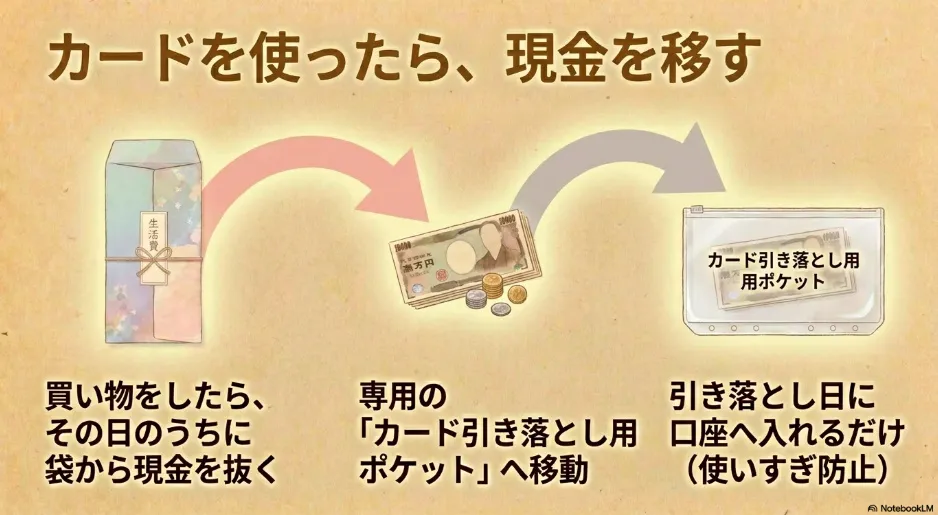クレジットカードで買い物した際、その日のうちに生活費の袋から現金を抜き出し、専用の引き落とし用ポケットへ移動させる使いすぎ防止の仕組み