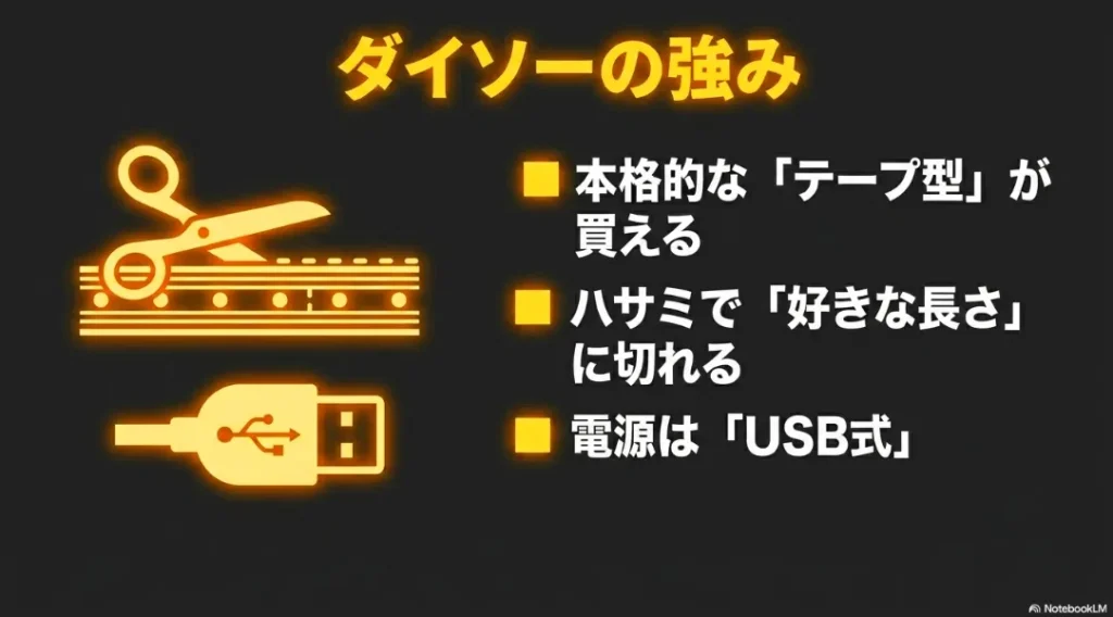 ハサミで好きな長さに切れる本格的なテープ型が買えるダイソーの強みとUSB電源の解説