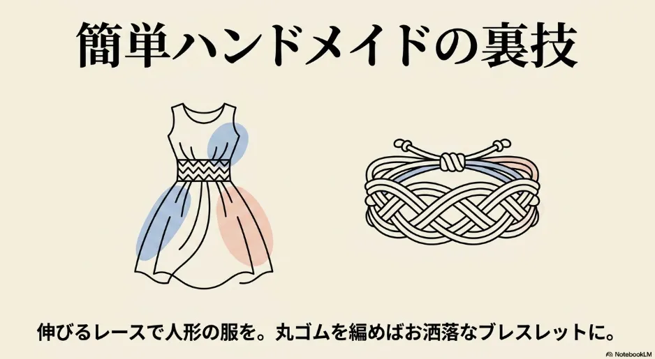 ゴム素材を活用したドール服と、マクラメ編みのブレスレットのイラスト