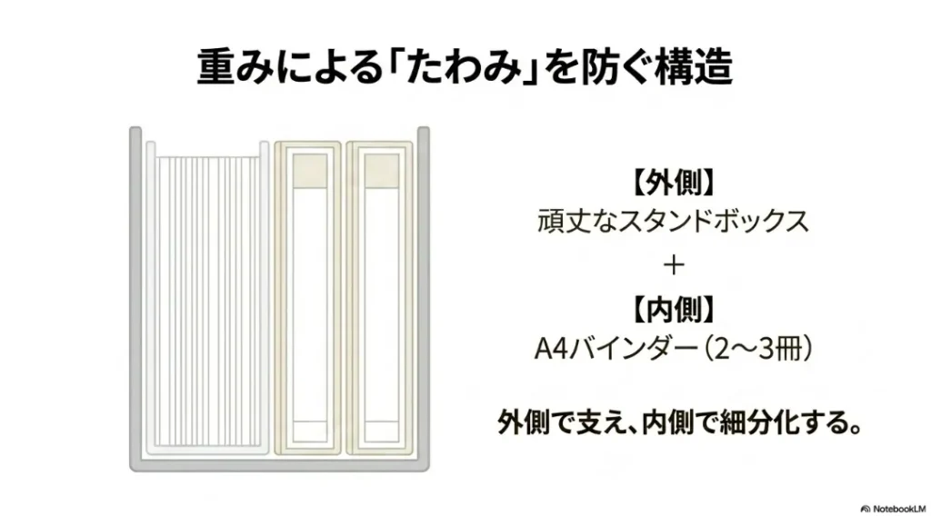 頑丈なスタンドボックスにA4バインダーを収納して重みによるたわみを防ぐ構造
