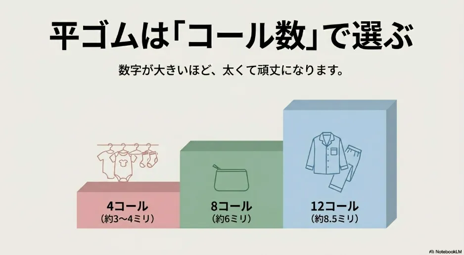 4コール、8コール、12コールの平ゴムの幅の違いと、12コールのパジャマ用途を示すイラスト