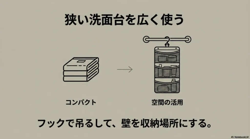 フックで壁に吊るして狭い洗面台を広く使えるコンパクトな収納ポーチ