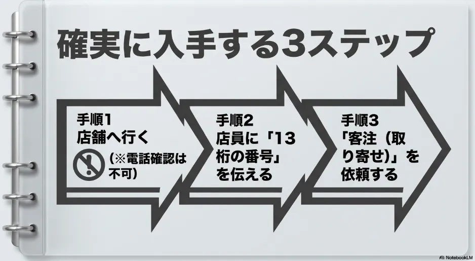 店舗へ行き、JANコードを伝え、客注を依頼する流れを示すスライド