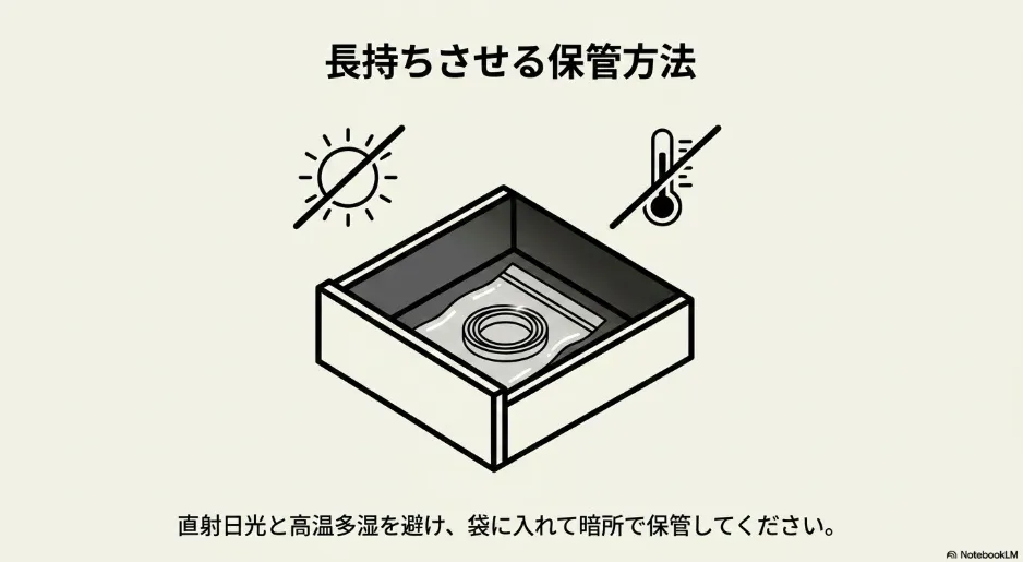 直射日光と高温多湿を避け、チャック付き袋に入れて暗所で保管する様子を表したイラスト