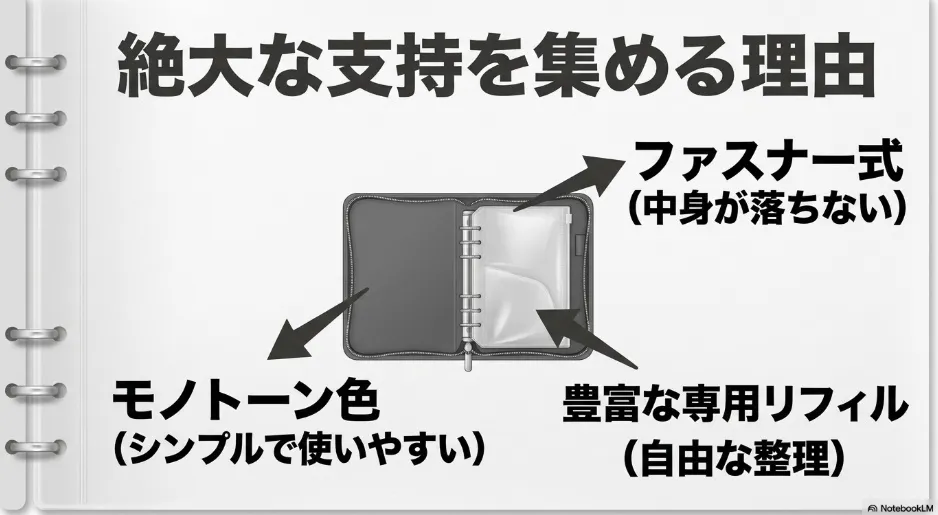 ファスナー式、モノトーン、専用リフィルの豊富さという魅力を示すスライド