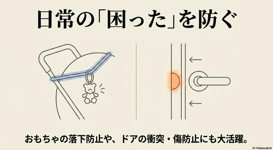 ベビーカーにおもちゃを固定するバンドと、ドアノブの衝突を防ぐクッションゴムのイラスト