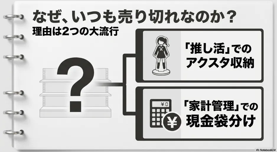 推し活のアクスタ収納と家計管理での大流行という理由を示すスライド