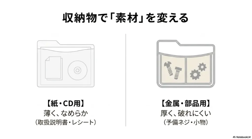 紙・CD用と金属・部品用でリフィルの素材を変える収納術の図解