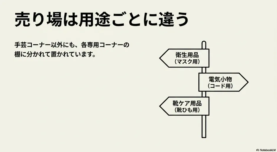 マスク用は衛生用品、コード用は電気小物、靴ひも用は靴ケア用品と書かれた売り場案内の標識イラスト