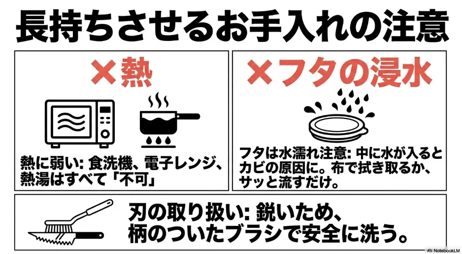 食洗機や電子レンジなどの熱を避け、フタの浸水に注意しながら安全に洗うためのお手入れ方法