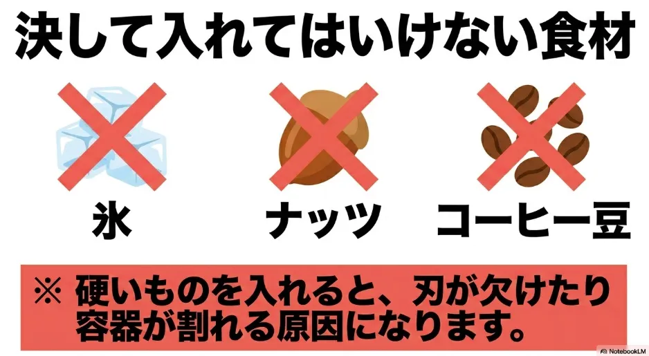 刃こぼれや容器が割れる原因になるため入れてはいけない氷、ナッツ、コーヒー豆などの硬い食材