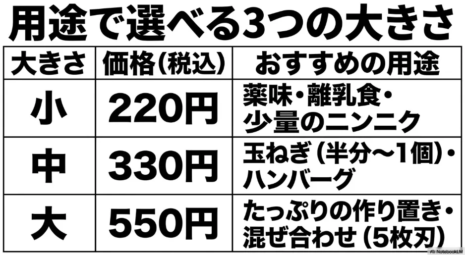 100均の手動みじん切り器のサイズ展開とそれぞれの価格・おすすめの用途一覧