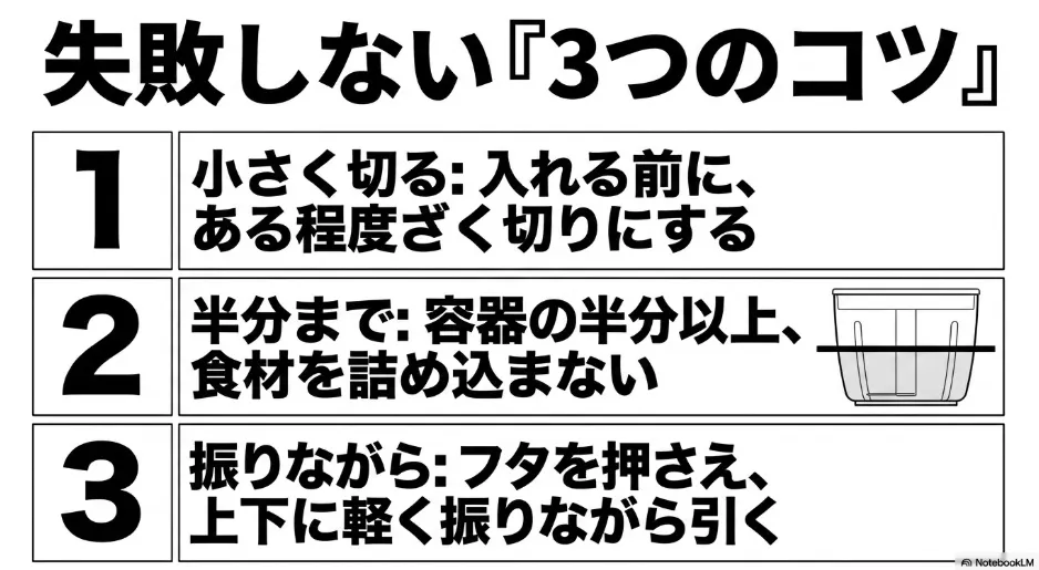 食材を小さく切る、容器の半分まで入れる、上下に軽く振りながら引くという正しい使い方