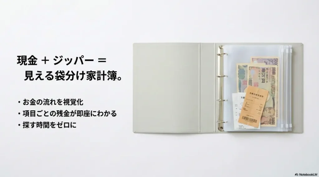 現金とファイルを組み合わせた見える袋分け家計簿の管理方法
