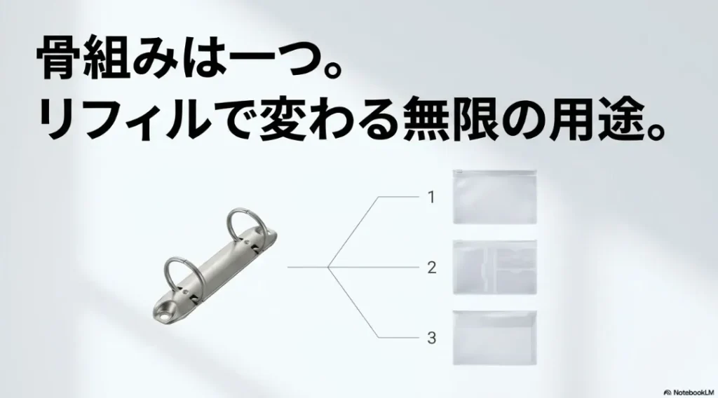 バインダーの骨組みは一つで、リフィルで変わる無限の用途を示すスライド