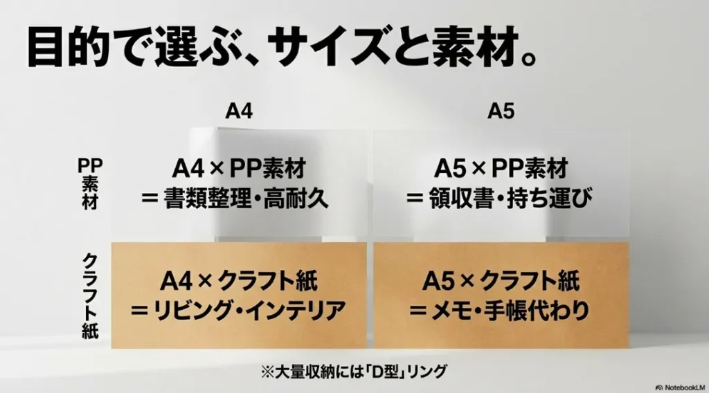 目的で選ぶA4・A5サイズとPP・クラフト素材の比較